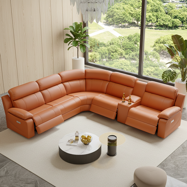 Leather Corner Power Reclining Sectional Sofa with Console