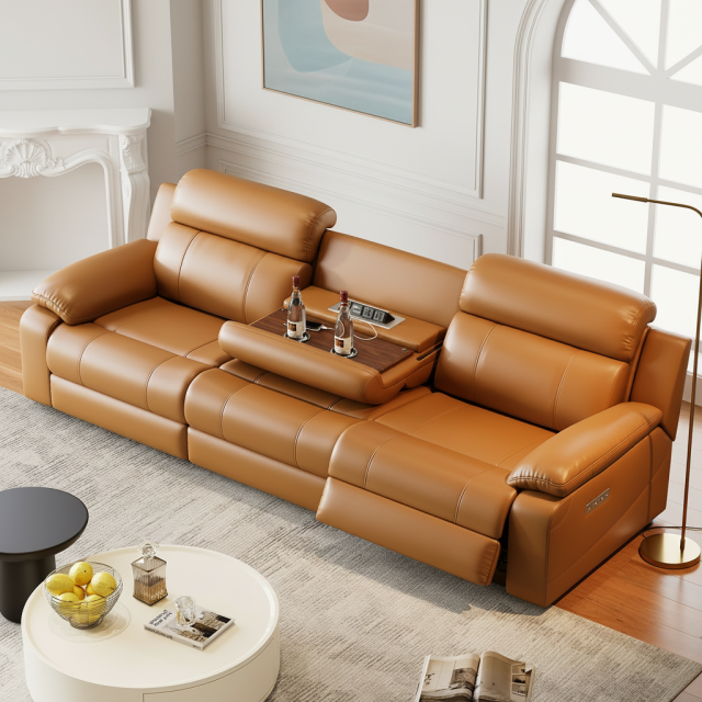 Orange Leather Power Reclining Sofa with Console OEM Supply