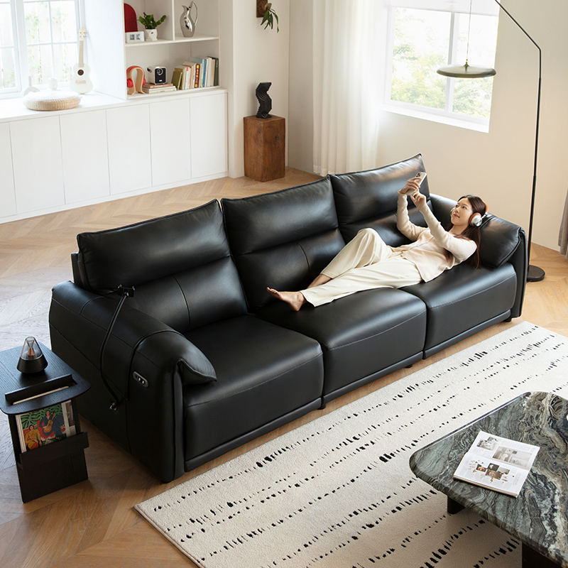 Black Genuine Leather Power Reclining Sofa gallery image 2