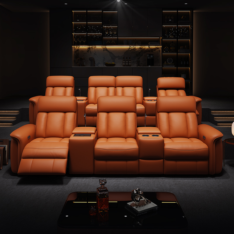 Orange Leather-Upholstered Power Reclining Sofa gallery image 4